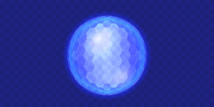 Abstract futuristic 3D blue sphere from hexagonal polygons for concept security shield. HUD Design Element. Vector Illustration.