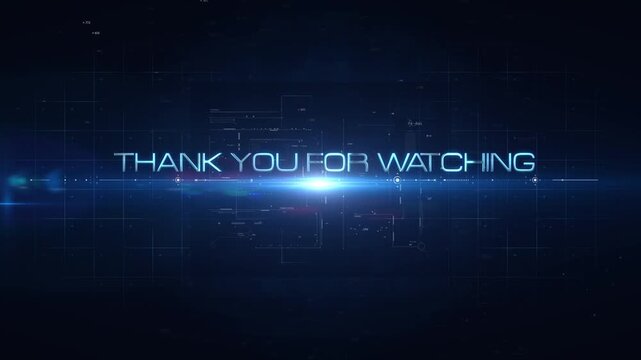 Animation text of Thanks for watching neon blue glitch text with optical flare light effect cinematic title on black abstract background. 