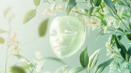 Semi-transparent Face Mask Surrounded by Herbal Plant Extract Elements
