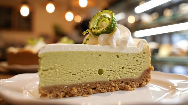 Slice of layered green cheesecake topped with whipped cream and lime zest