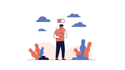Obraz premium Exhausted man holding a coffee cup with a low battery icon above his head standing in an outdoor park to represent burnout and stress.