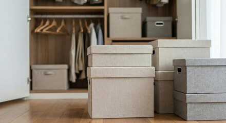 Organized storage boxes in modern closet with wooden shelves  