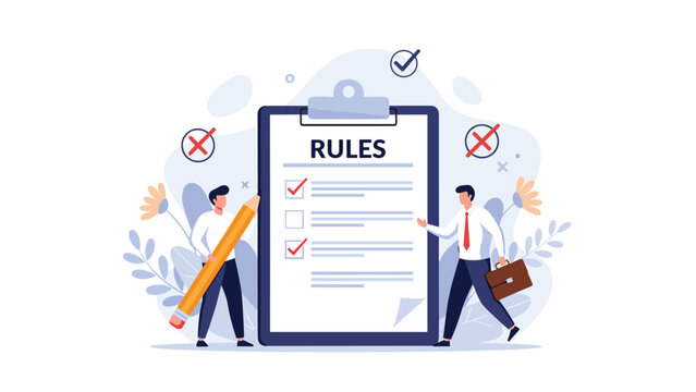 Professional businessmen working with a large clipboard to check off rules and tasks for corporate compliance and organization.