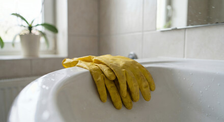 Yellow cleaning gloves resting on edge of bathtub in bathroom  
