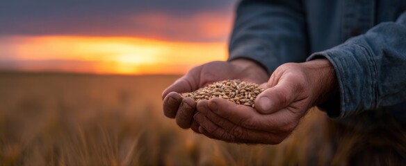 Fototapeta premium the farmers hands cradle golden wheat grains under a vibrant sunset sky