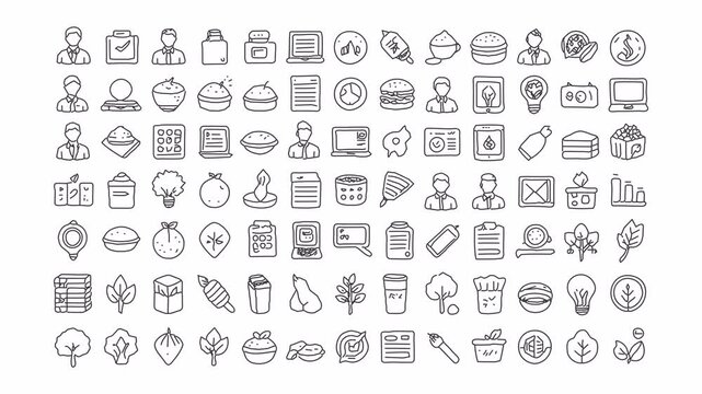 4K animated doodle set with mixed business and nature icons. Hand-drawn line art animation with alpha channel on transparent background.