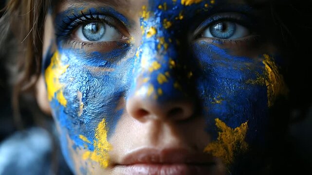 Close-up of faceless person's face with blue paint and yellow stars, unity or identity symbolism, artistic expression, with copy space