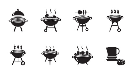 Barbecue Grill Icons Set: Various Charcoal Grills and Cooking Skewers in Silhouette
