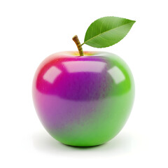 A vibrant and colorful apple with a green leaf on top