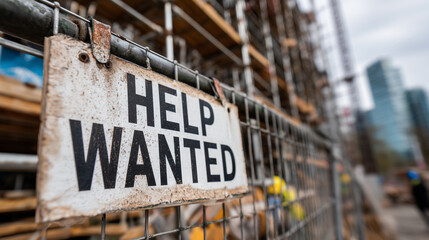 Obraz premium Help wanted sign on construction site fence with urban background
