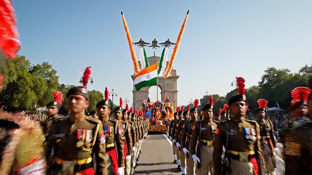 Indian military parade with soldiers marching.
