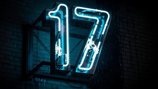 Glowing neon number seventeen sign in dark background