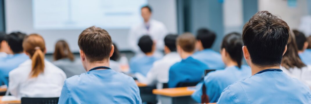 Medical students in blue scrubs attending a clinical lecture in a classroom, rear view of healthcare trainees learning medicine