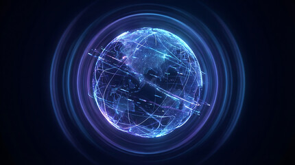 Obraz premium Futuristic Digital Earth Globe with Global Network and Glowing Rings – Technology & Communication Concept