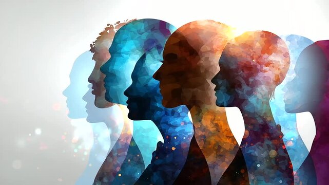 Colorful silhouettes of faceless human heads symbolizing diversity and connection, creative art composition, identity representation, with copy space