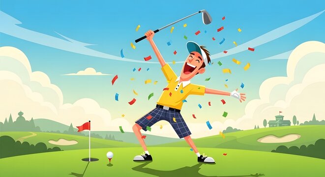 Joyful golfer celebrating victory on sunny golf course