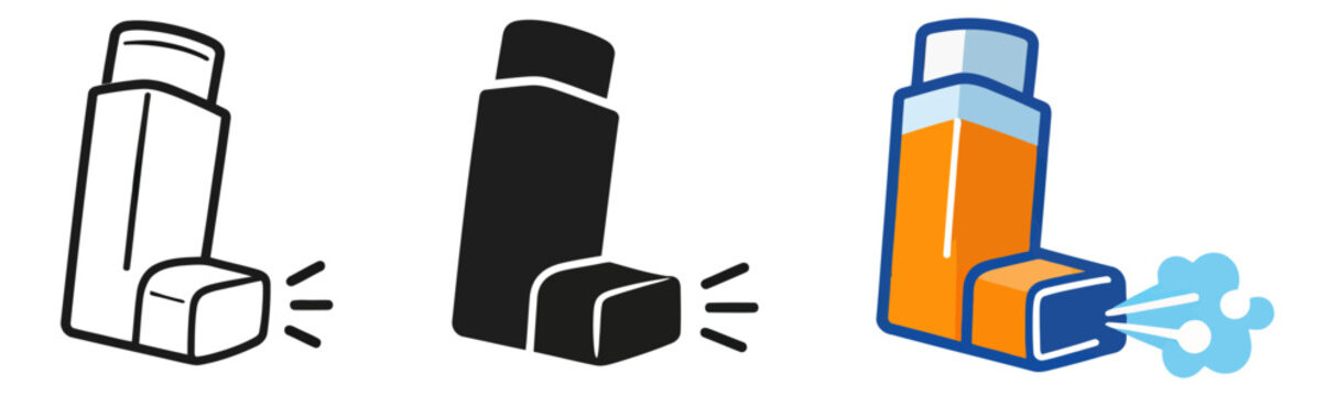 Graphic medical icon set featuring outline, solid, and color illustrations of an asthma inhaler for healthcare materials
