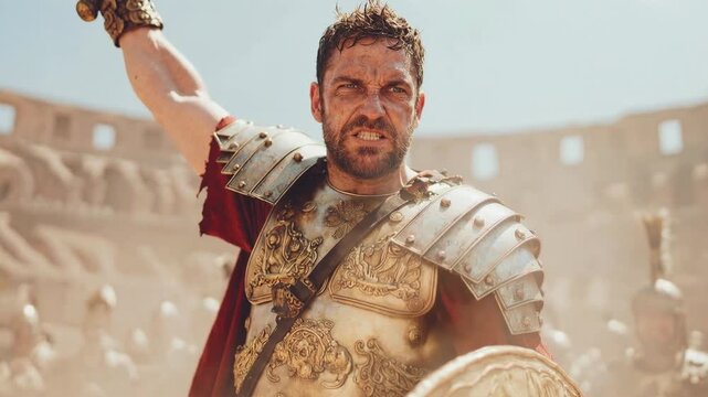 Triumphant gladiator shouting in crowded amphitheater raising arm in celebration after fierce duel under blazing sun filled with dust and emotion