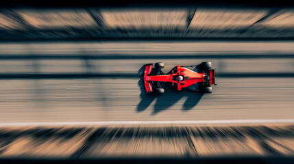 Obraz premium Red racing car speeding on a blurred track. Racing car creating motion blur effect on a track, viewed from above