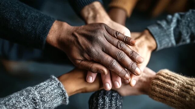 Diverse hands with varying textures and colors joining together, artistic display of unity and connection, inclusive collaboration, with copy space