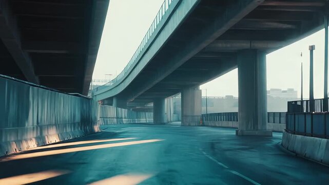 Concrete highway overpasses create a complex network of infrastructure, casting long shadows across the asphalt road below, highlighting an expansive urban transport system