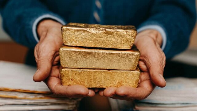 Close view of hands holding gleaming gold ingots emphasizing financial success secure assets and tangible luxury investment strategy