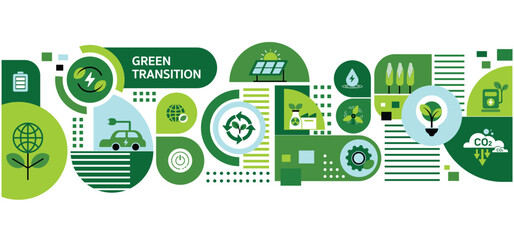 Green transition to environmental friendly world concept. Alternative clean and power production transition to renewable energy for reduce carbon emission,green house gas. Vector background with icons © Deemerwha