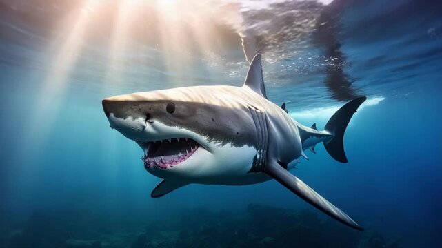 Close-up underwater shot of a large great white shark with mouth open revealing sharp teeth swimming in blue ocean water
