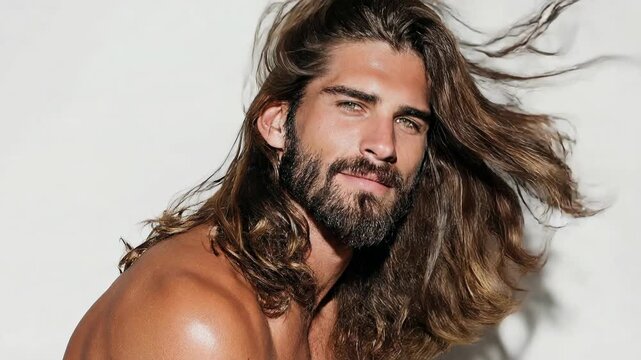 Close portrait of bearded man with flowing hair in soft light capturing modern masculinity elegance and calm confidence