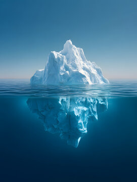 Iceberg above and below waterline in calm blue ocean