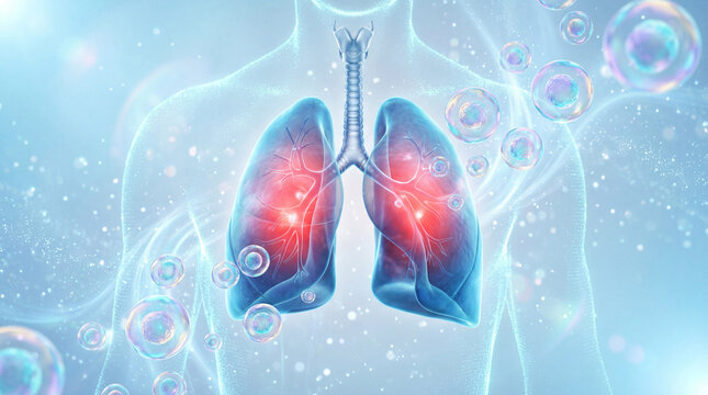 3D medical illustration of human lungs and respiratory system, showing cellular activity and health concepts