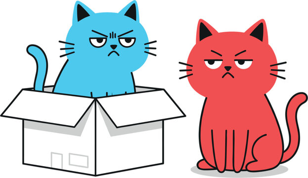Cute angry cats cartoon characters, blue cat sitting in box and red cat beside it, funny flat vector illustration isolated background