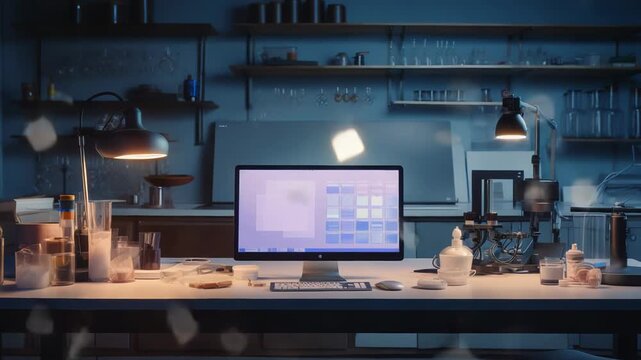 Computer screen illuminating a contemporary laboratory work desk filled with scientific equipment, glass bottles, and beakers, symbolizing scientific exploration