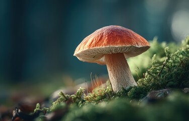 Fototapeta premium Red-capped mushroom with white stem growing on moss-covered ground in a forest setting, soft focus background with blurred greenery and natural light