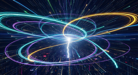 A vibrant digital artwork of colorful neon lights swirling in space