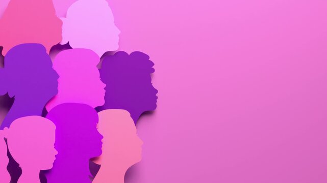 International Women's Day looping video with silhouettes of multicultural women's faces in paper cut style and copy space. Sisterhood, female independence and equality in 3D animation