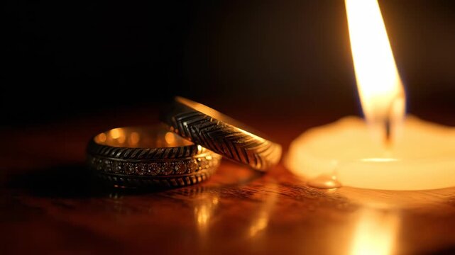 Wedding Rings Illuminated by Candlelight.
