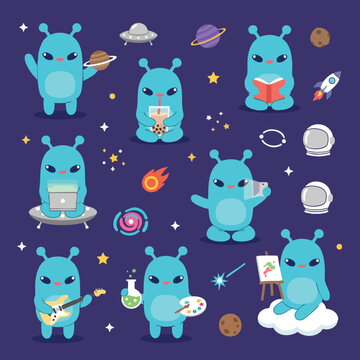 Cute Alien Cartoon Character Set, Kawaii Space Mascot Collection, Sci Fi Galaxy Flat Vector Illustration Pack