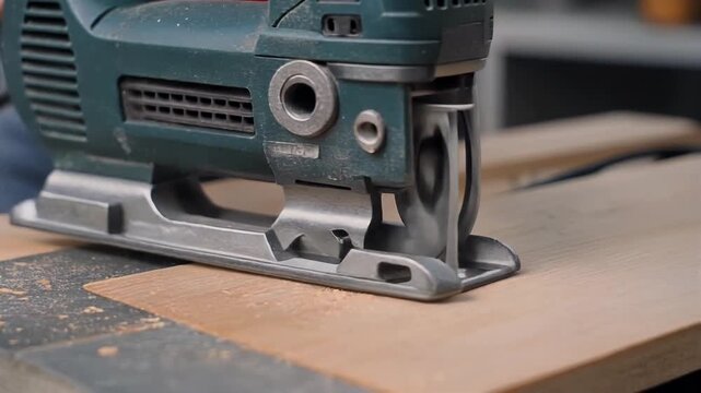A power jigsaw cutting a wooden board, sawdust flying. Close-up view
