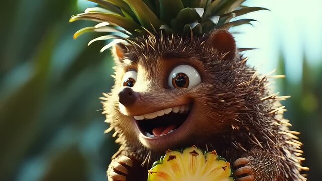 Funny cartoon hedgehog with pineapple on head and slice of pineapple.