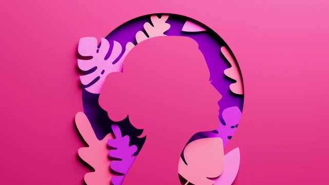 International Womens Day looping video with woman silhouette and floral ornaments in paper cut 3D animation. Girl face for feminism, independence, empowerment and women rights