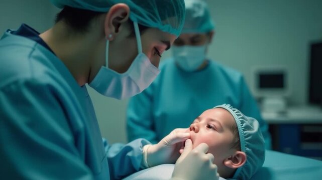 A baby lying on a table being examined by a nurse with a stethoscope