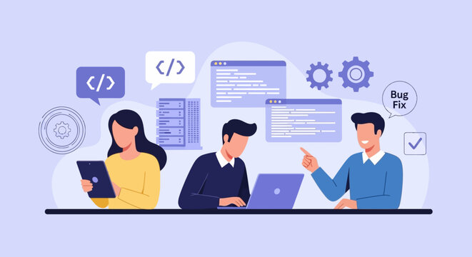 Team of developers collaborating on coding project with laptops and digital code icons surrounding them