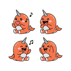 Cartoon narwhals singing and expressing emotions with musical notes © mst