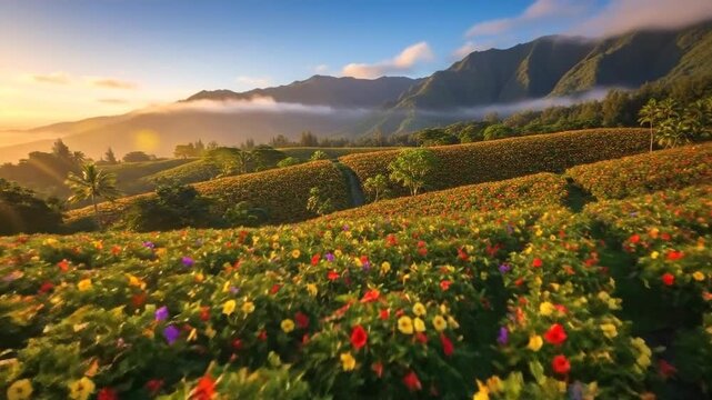 Colorful hibiscus flowers bloom in a tropical garden at sunrise.