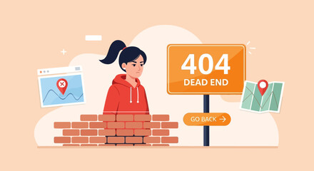A young woman stands against a brick wall with a sign indicating a dead end and error 404, surrounded by navigation icons and maps © Fendi