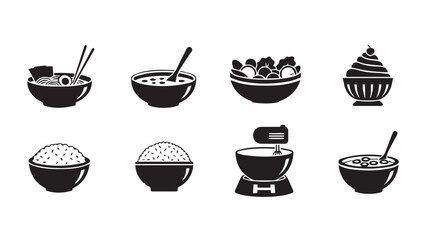 Food Bowls Icons Set: Soup, Rice, Salad, Cupcake, Mixer, Cereal - Vector Graphics