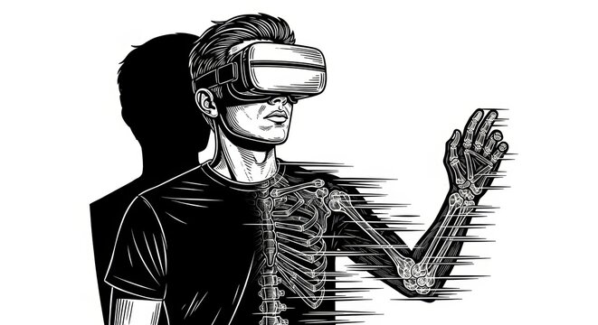 man wearing VR goggles, with half his body transforming into a digital skeleton structure sketch engraving generative ai vector illustration.