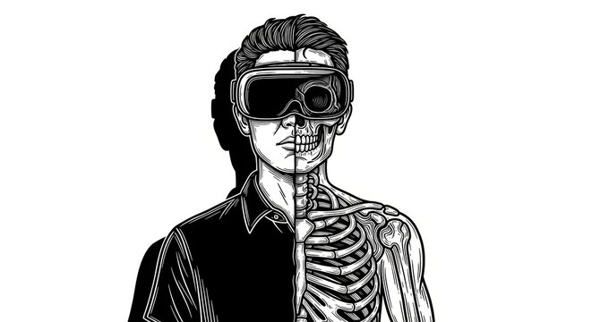 man wearing VR goggles, with half his body transforming into a digital skeleton structure sketch engraving generative ai vector illustration.