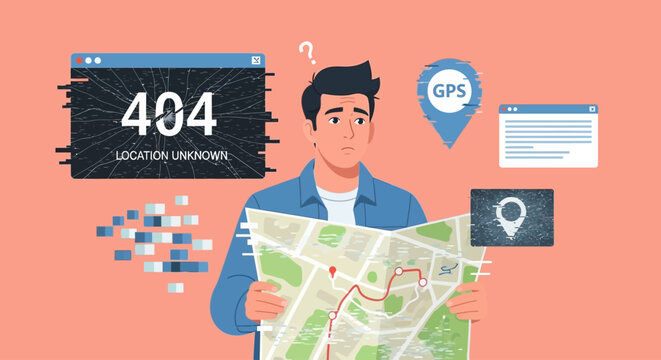 Man holding a map and looking confused with a 404 location error screen and GPS symbols around him